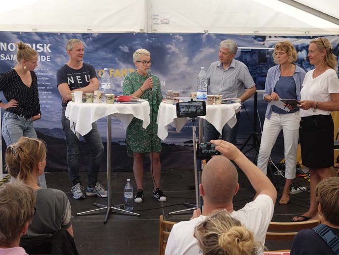 Den svære ytringsfrihed til debat på Folkemødet på Bornholm (2017). Deltagere fra venstre: Emma Holten, Sjúrdur Skaale, Liljan Wiehe, Dagfinn Höybråten, Joan Rask og Lene Johansen. Foto: NJC